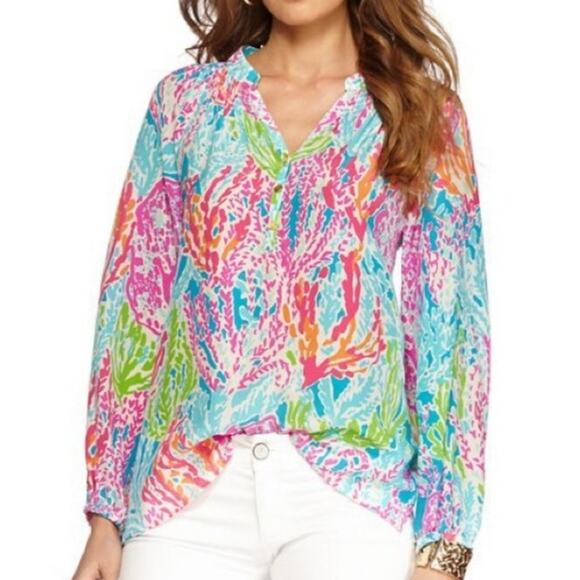 Lilly Pulitzer Tops - Lilly Pulitzer Elsa "Agua Let's Cha Cha" Holy Grail Silk Top